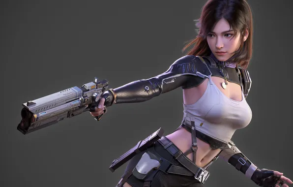 Картинка short hair, women, brunette, belly, girls with guns, looking away, shoulder length hair, closed mouth