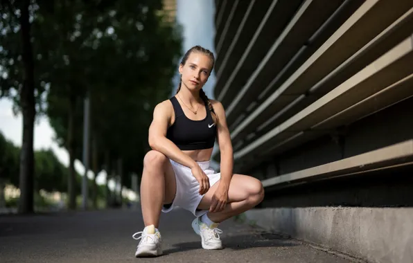 Картинка female, posing, sit, sneakers, young woman, plait, trainers, Sleeveless shirt