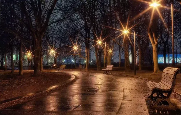 Картинка вечер, фонари, аллея, скамья
