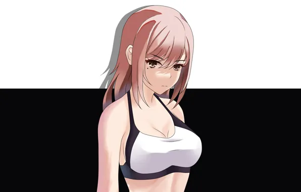 Girl, sexy, cleavage, blouse, pink hair, long hair, brown eyes, boobs