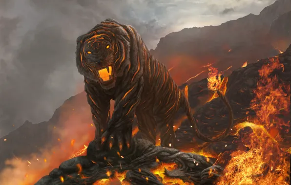 Картинка кошка, горы, тигр, огонь, арт, пасть, лава
