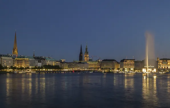 Озеро, дома, вечер, Германия, церковь, фонтан, Гамбург, ратуша