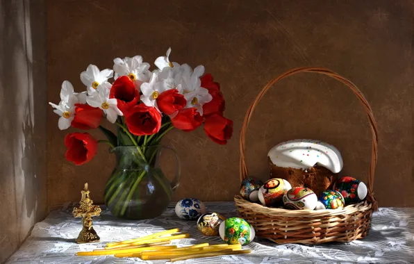 Картинка цветы, праздник, букет, весна, пасха, тюльпаны, натюрморт, кулич