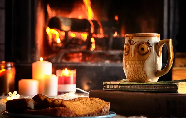 Dessert, bread, tea, fireplace, candle, owl, books, mug
