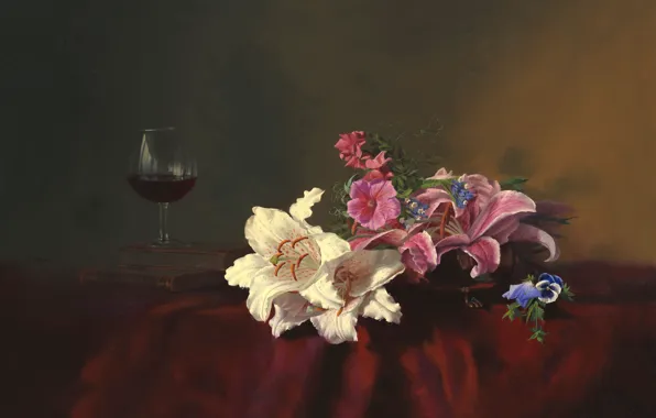 Цветы, стол, вино, лилии, бокал, книги, картина, натюрморт