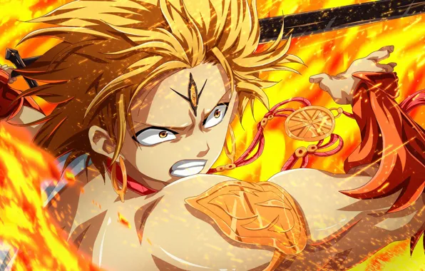 Fire, battlefield, flame, sword, anime, fight, ken, blade
