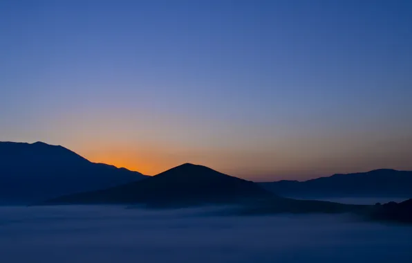 Twilight, mountains, clouds, dusk, silhouettes