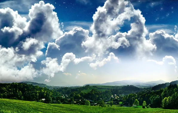 Картинка поле, небо, трава, облака, деревья, деревушка
