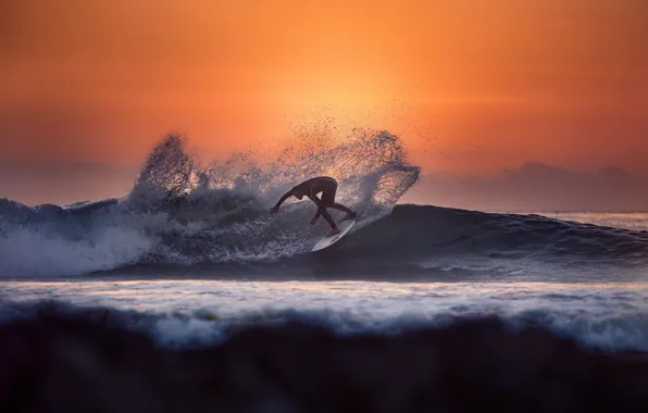 Картинка волны, вода, солнце, закат, брызги, океан, спорт, серфинг