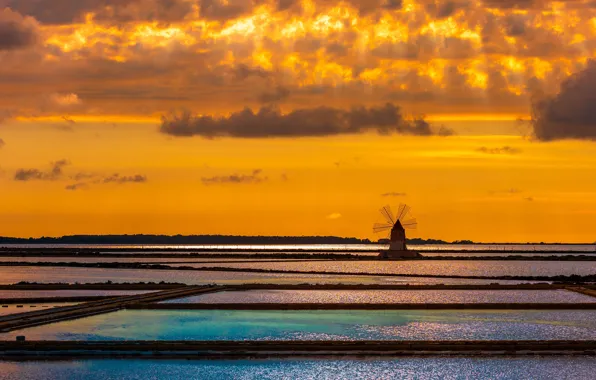 Закат, Лето, Италия, Italy, Sunset, Summer, Marsala, Солонки