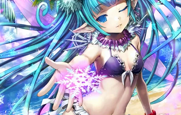 Girl, sexy, cleavage, beach, long hair, sea, boobs, anime