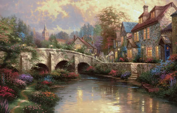 Картинка мост, дом, река, улица, лодка, дома, живопись, Томас Кинкейд