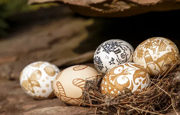 Узоры, яйца, Пасха, гнездо, Easter, Holidays, Eggs