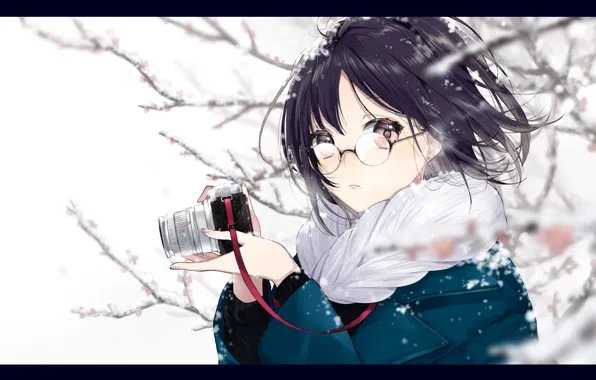 Картинка девушка, снег, удивление, аниме, арт, очки, фотоаппарат, sogawa