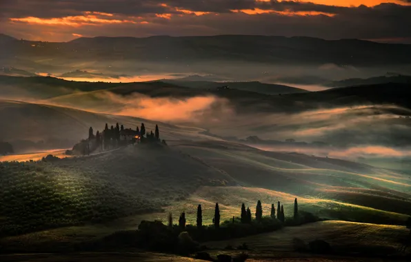Картинка облака, холмы, поля, вечер, Италия, Тоскана