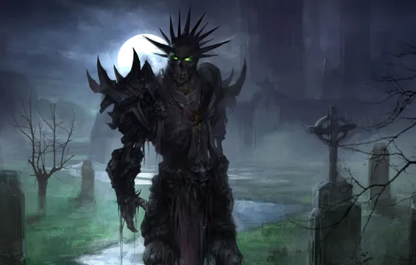 Картинка moon, fantasy, undead, armor, green eyes, night, art, background