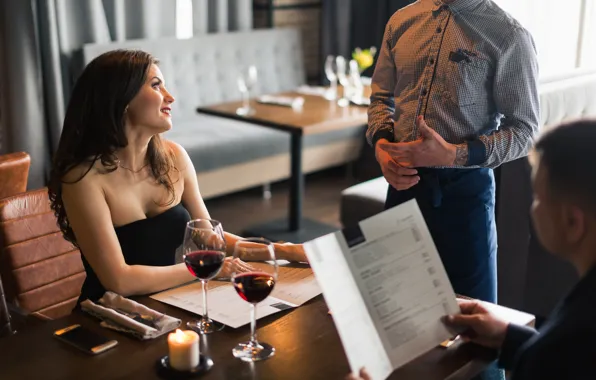 Love, couple, menu, romantic dinner, waiter
