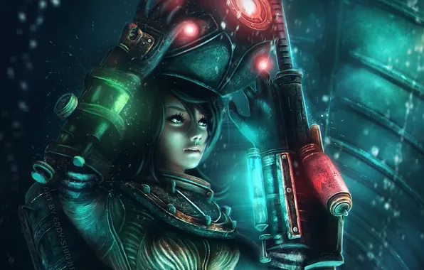 Картинка металл, шлем, арт, Bioshock 2, девушка, скафандр, оружие