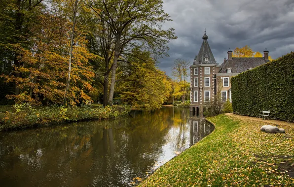 Картинка осень, деревья, замок, канал, Нидерланды, Netherlands, Замок Нийенхейс, Castle Nijenhuis