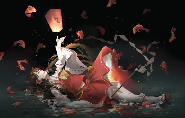 Девушка, аниме, арт, фонарик, Touhou