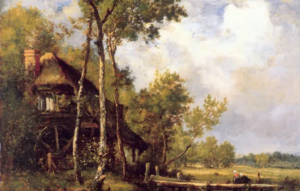 Картинка небо, облака, река, человек, картина, мельница, мостик, Diaz de la Pena