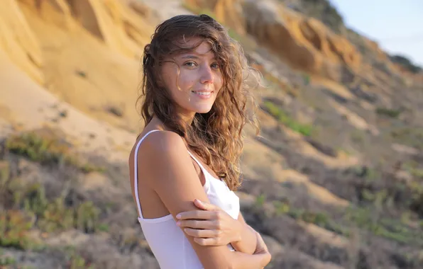 Model, Smile, Katya Clover, White Top, Windswept, Woman Outdoors