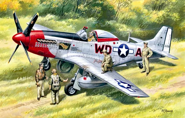Картинка истребитель, P-51, лётчик, подвесной бак, 4th FG, 335th FS, авиатехники, P-51D-20-NA