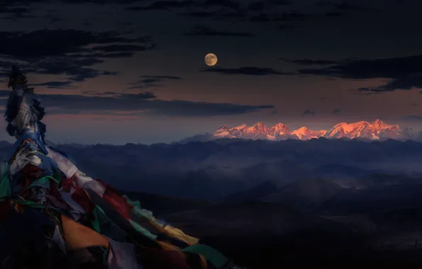 Moon, landscape, mountains, Tibet, Гималаи, Himalayas, mounts