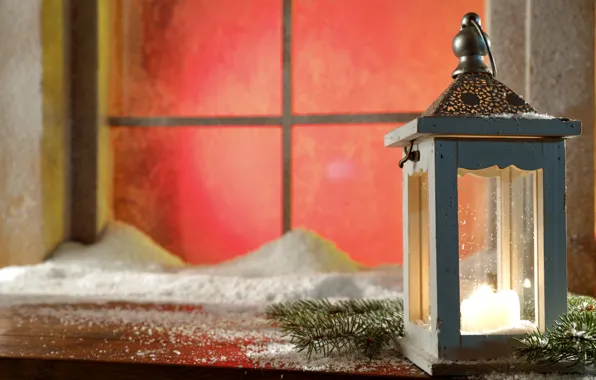 Зима, снег, украшения, Новый Год, окно, Рождество, фонарь, Christmas