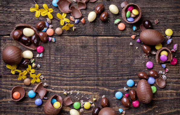 Шоколад, яйца, colorful, конфеты, Пасха, wood, chocolate, spring