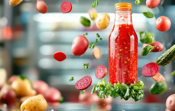 Полет, стол, бутылка, кухня, овощи, помидоры, соус, томаты