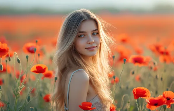Поле, лето, взгляд, девушка, цветы, улыбка, маки, портрет
