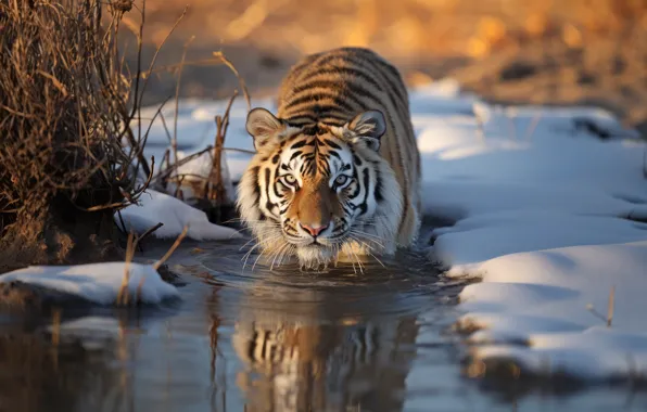 Картинка animals, tiger, water, snow, reflection, digital art, in water, looking at viewer