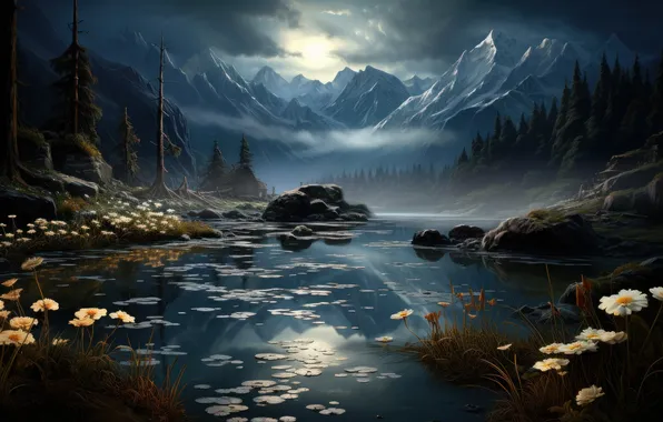 Пейзаж, цветы, горы, ночь, природа, озеро, река, раннее утро