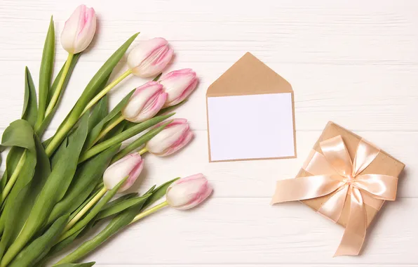 Картинка цветы, подарок, букет, тюльпаны, розовые, wood, pink, flowers