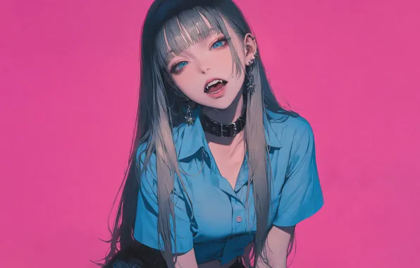 Anime, Pink Background, Fangs, Anime Girl, AI Art