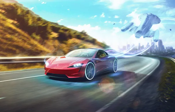 Картинка дорога, машина, авто, tesla roadster