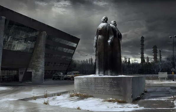 Картинка снег, машины, завод, здание, памятник, 007 Blood Stone