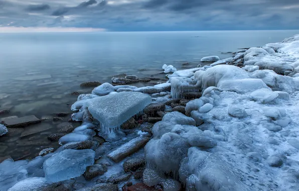 Картинка лед, зима, вода, озеро, камни, Канада, Онтарио
