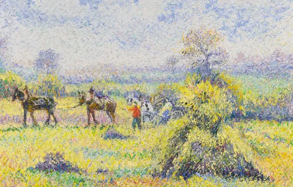 Пейзаж, картина, Hugues Claude Pissarro, Жатва в Шампиньи-Орне