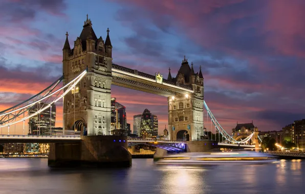 Картинка огни, река, Англия, Лондон, Тауэрский мост