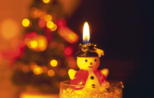Новый год, свеча, снеговик, огонек
