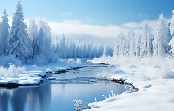 Зима, лес, снег, природа, берег, ели, мороз, водоем