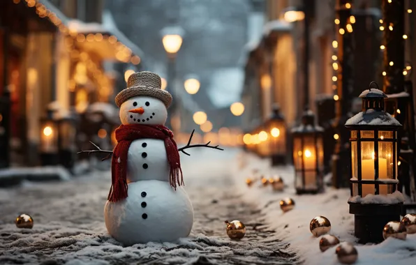 Картинка зима, снег, улица, Новый Год, Рождество, снеговик, happy, Christmas