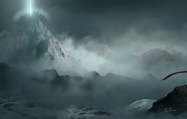 Картинка небо, девушка, облака, горы, природа, туман, аниме, шарф