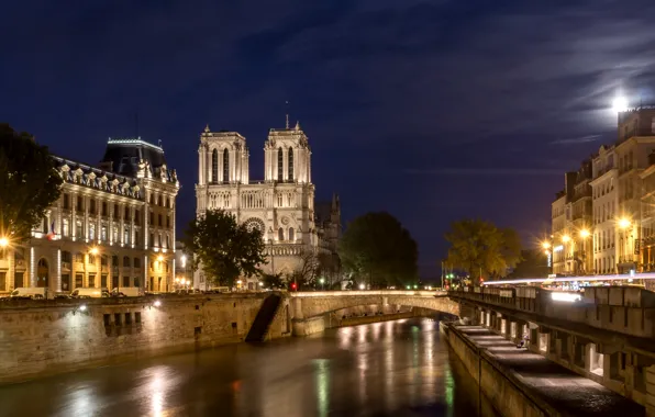 Ночь, мост, огни, река, Франция, Париж, дома, фонари