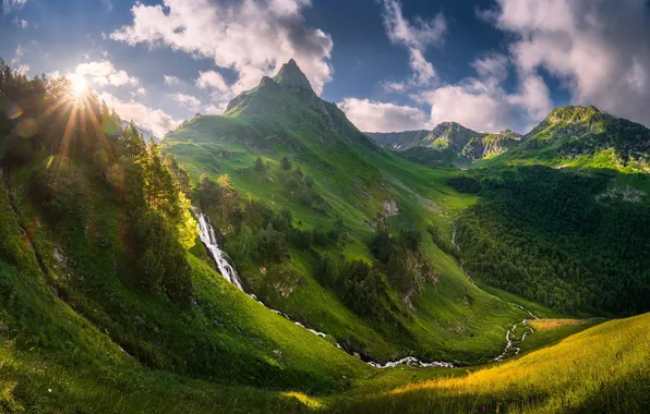 Summer, sky, mountains, clouds, sun, waterfall, stream, Красная поляна