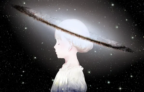 Картинка небо, девушка, космос, звезды, планета, голова, аниме, арт