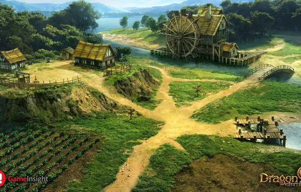 Деревья, река, дома, мельница, dragon eternity, sadar watermill