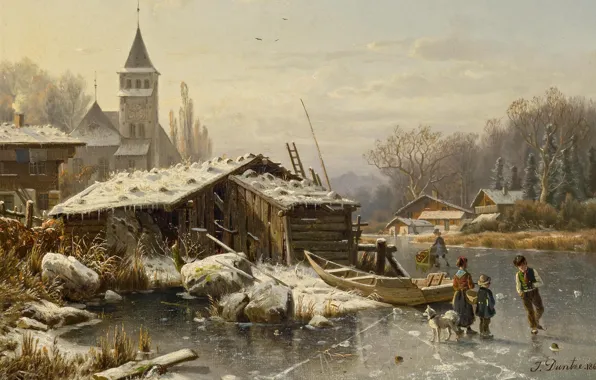 1865, немецкий художник-пейзажист, Winter day, Зимний день, German landscape painter, oil on canvas, Wintertag, Johannes …